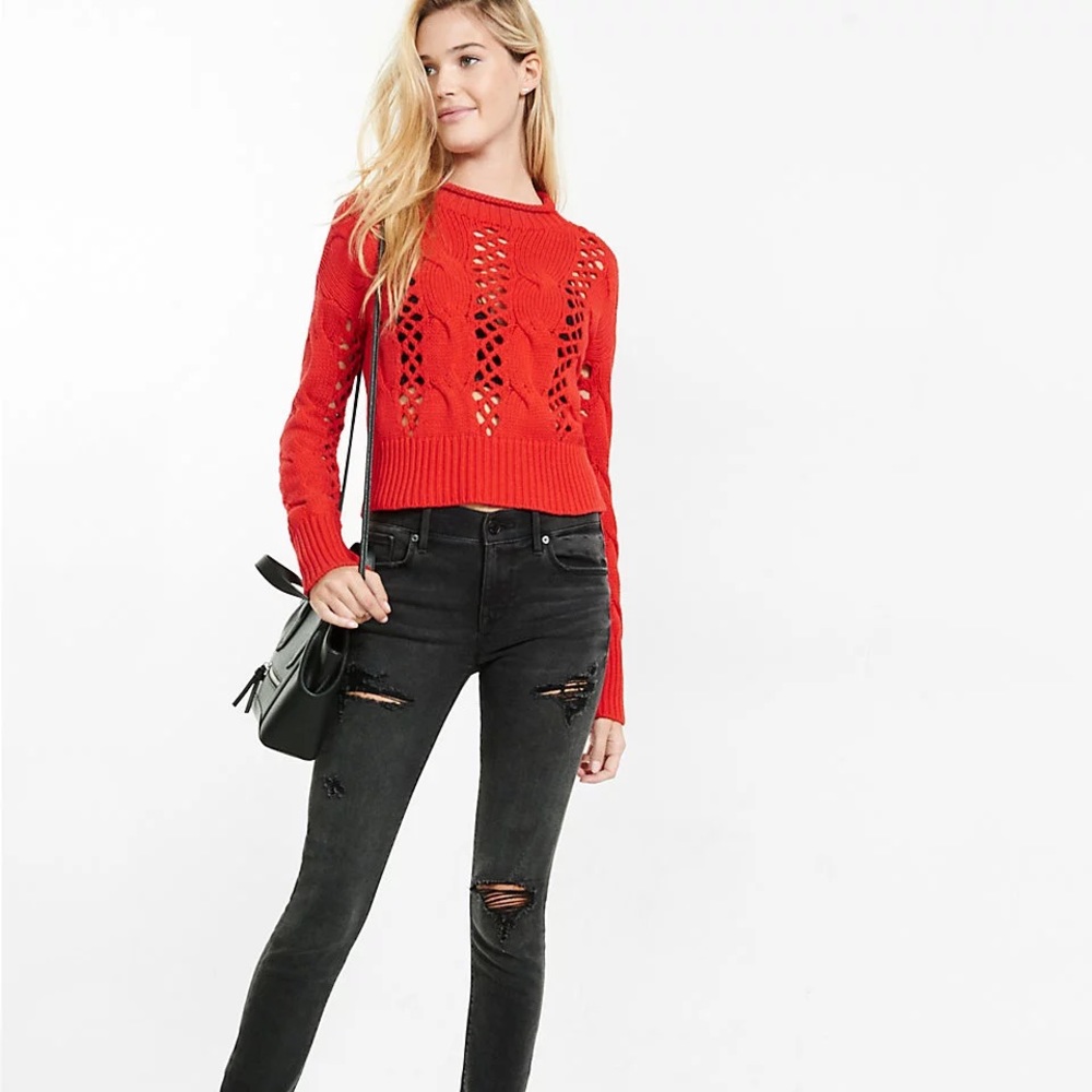 Express Crocheted Cable Knit Mock Neck Sweater